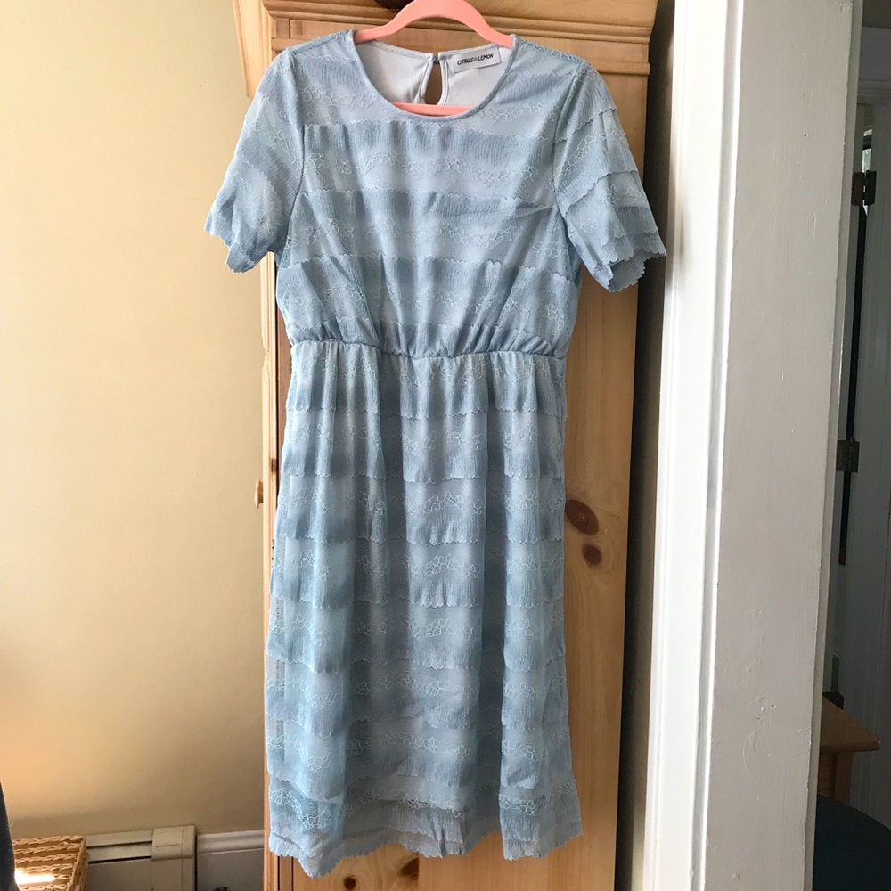 Citrus & Lemon Dusty Blue Lace Overlay Short Sleeve Dress - Large NWOT